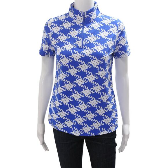 Ibkul Tops - Ibkul Womens Blue Mock Neck Short Sleeve Polo Geometric Zip Size S